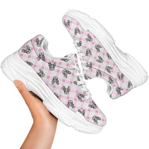 Pink Boston Terrier Plaid Print White Chunky Shoes