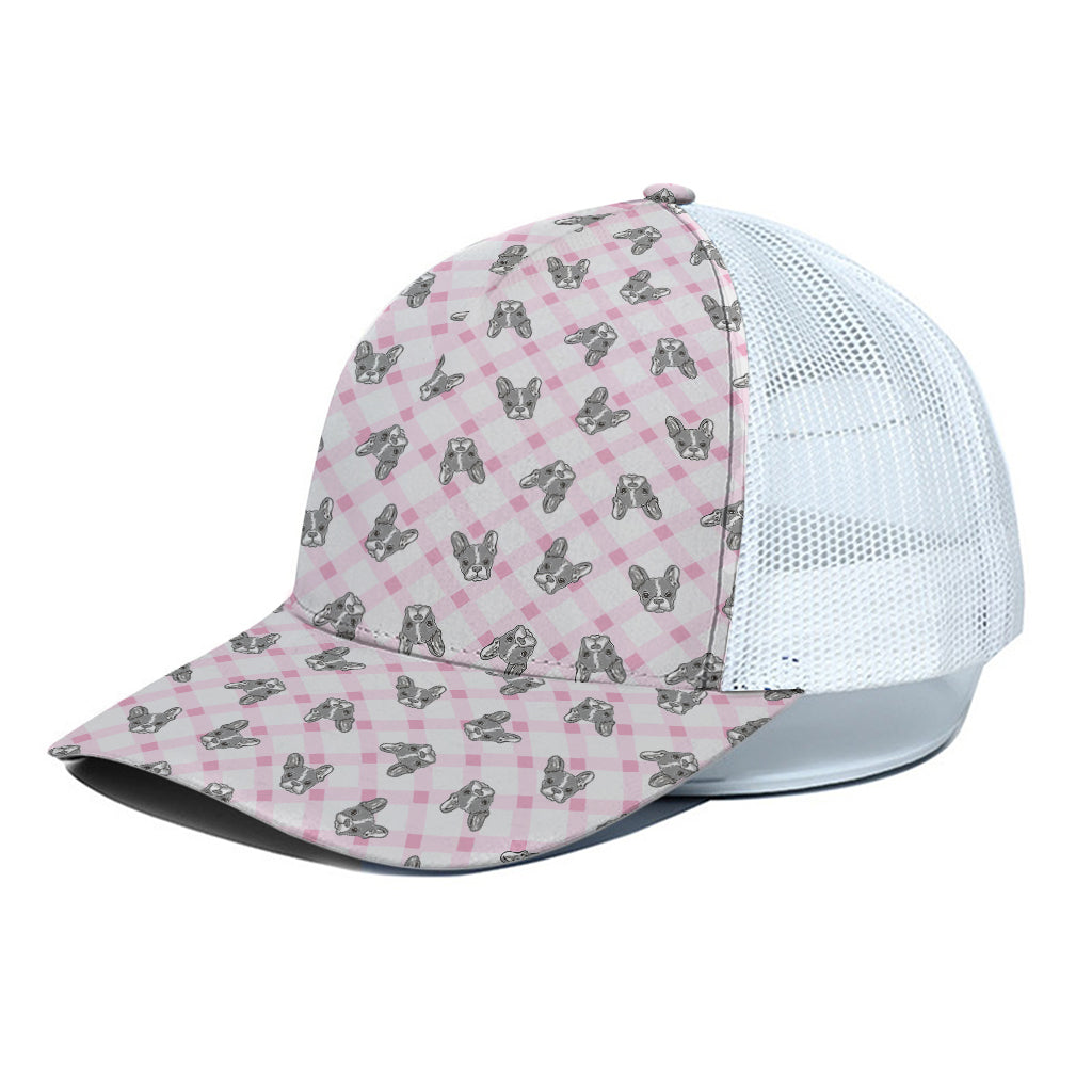 Pink Boston Terrier Plaid Print White Mesh Trucker Cap