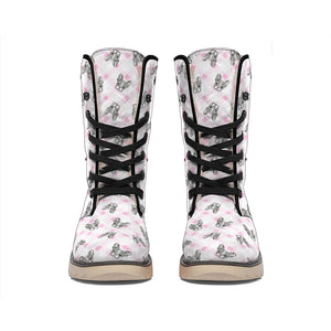 Pink Boston Terrier Plaid Print Winter Boots