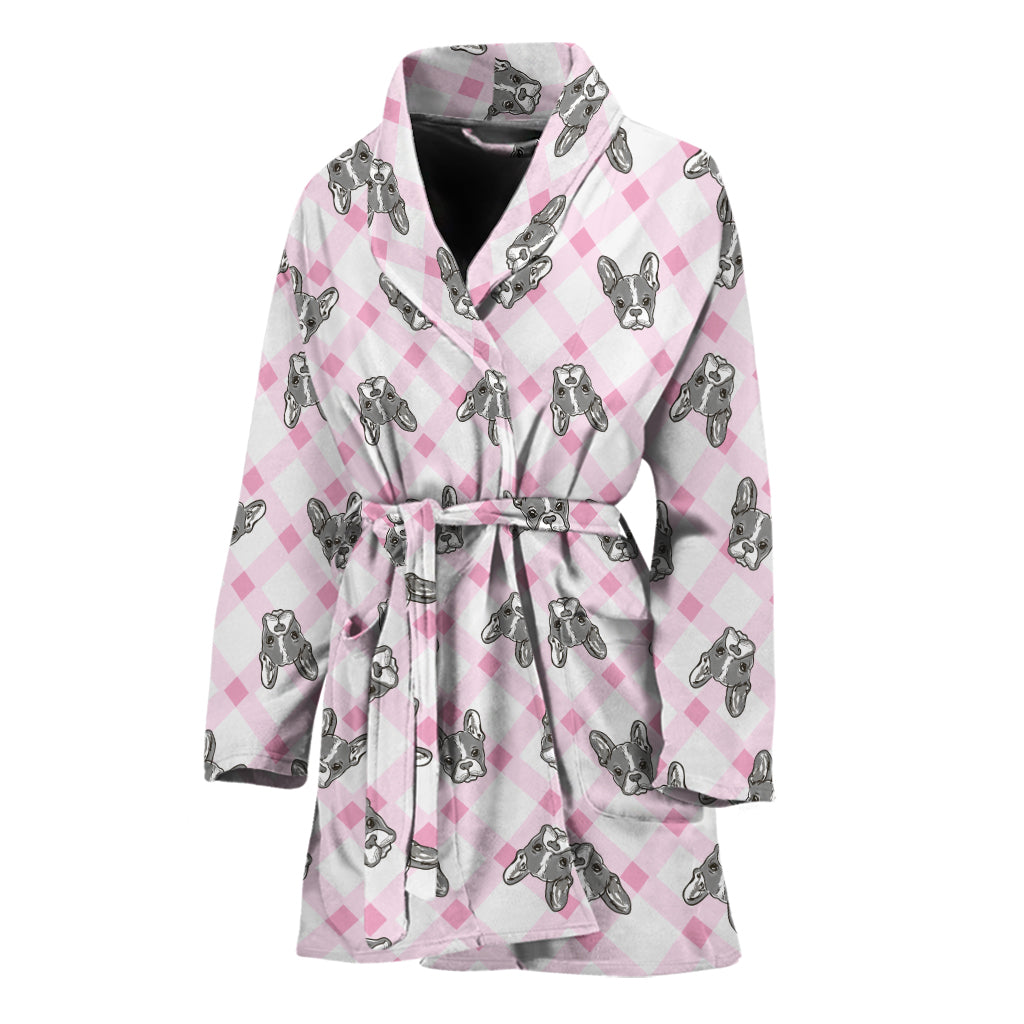 Pink Boston Terrier Plaid Print Women's Bathrobe