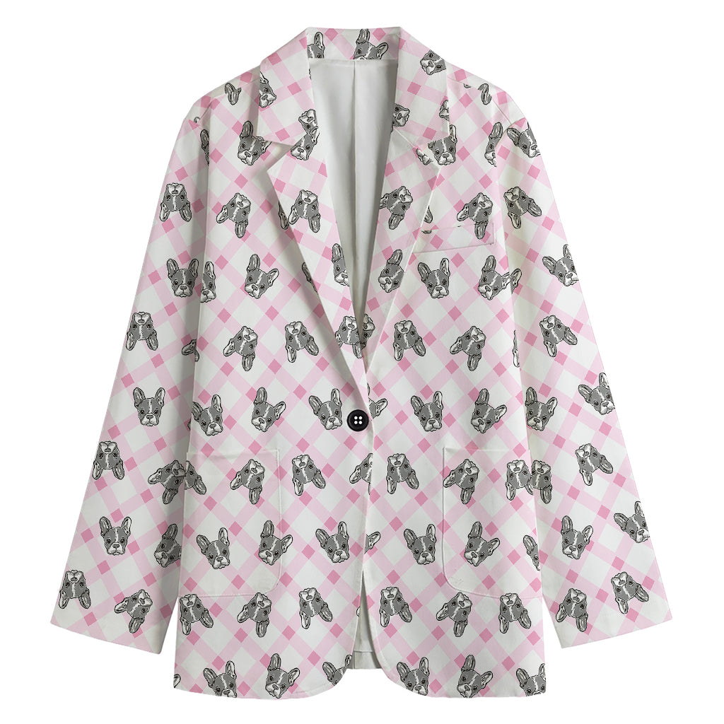 Pink Boston Terrier Plaid Print Women's Blazer