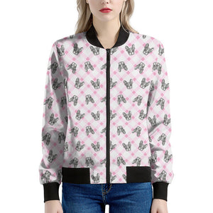 Pink Boston Terrier Plaid Print Women's Bomber Jacket