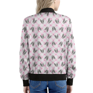 Pink Boston Terrier Plaid Print Women's Bomber Jacket