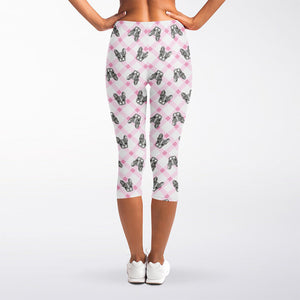 Pink Boston Terrier Plaid Print Women's Capri Leggings