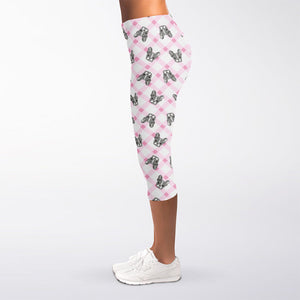 Pink Boston Terrier Plaid Print Women's Capri Leggings