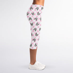 Pink Boston Terrier Plaid Print Women's Capri Leggings