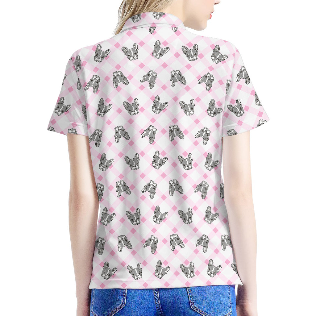 Pink Boston Terrier Plaid Print Women's Polo Shirt