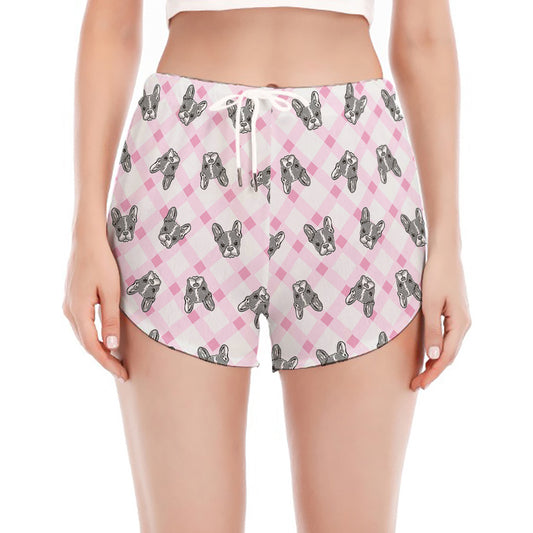 Pink Boston Terrier Plaid Print Women's Split Running Shorts
