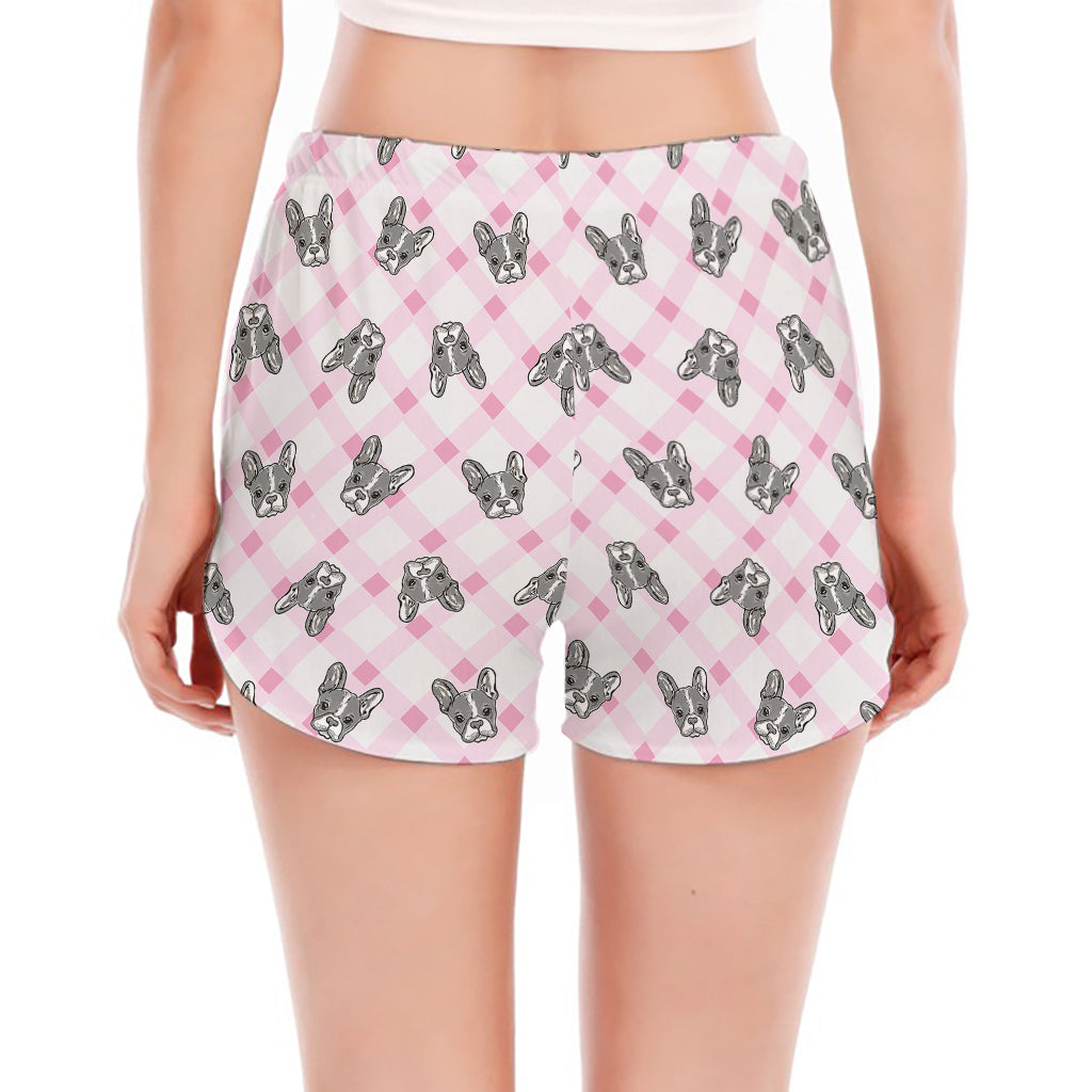 Pink Boston Terrier Plaid Print Women's Split Running Shorts