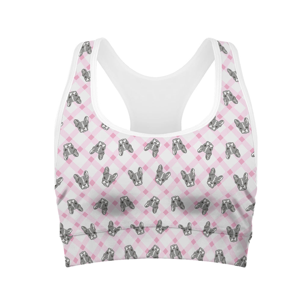 Pink Boston Terrier Plaid Print Women's Sports Bra