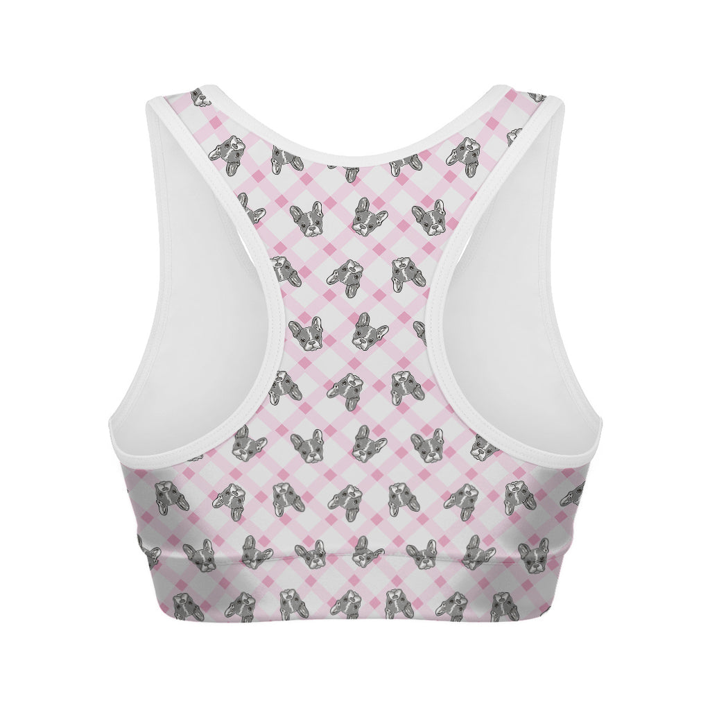 Pink Boston Terrier Plaid Print Women's Sports Bra