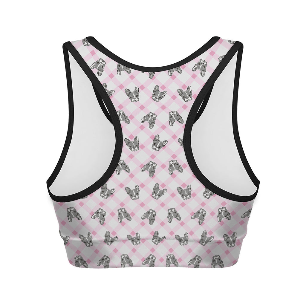 Pink Boston Terrier Plaid Print Women's Sports Bra