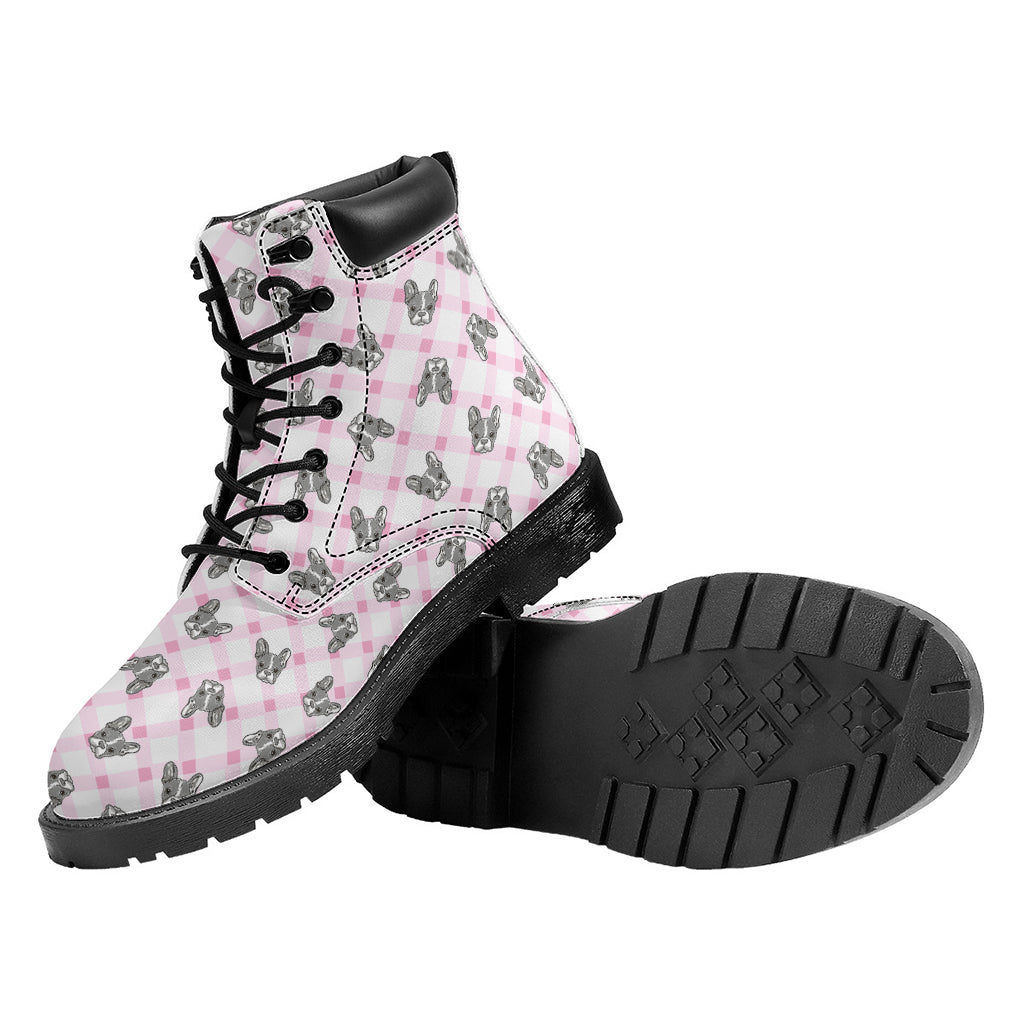 Pink Boston Terrier Plaid Print Work Boots