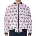 Pink Boston Terrier Plaid Print Zip Sleeve Bomber Jacket