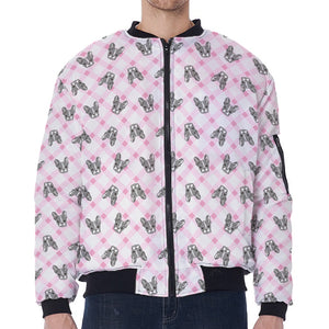 Pink Boston Terrier Plaid Print Zip Sleeve Bomber Jacket