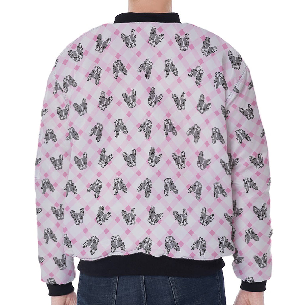 Pink Boston Terrier Plaid Print Zip Sleeve Bomber Jacket