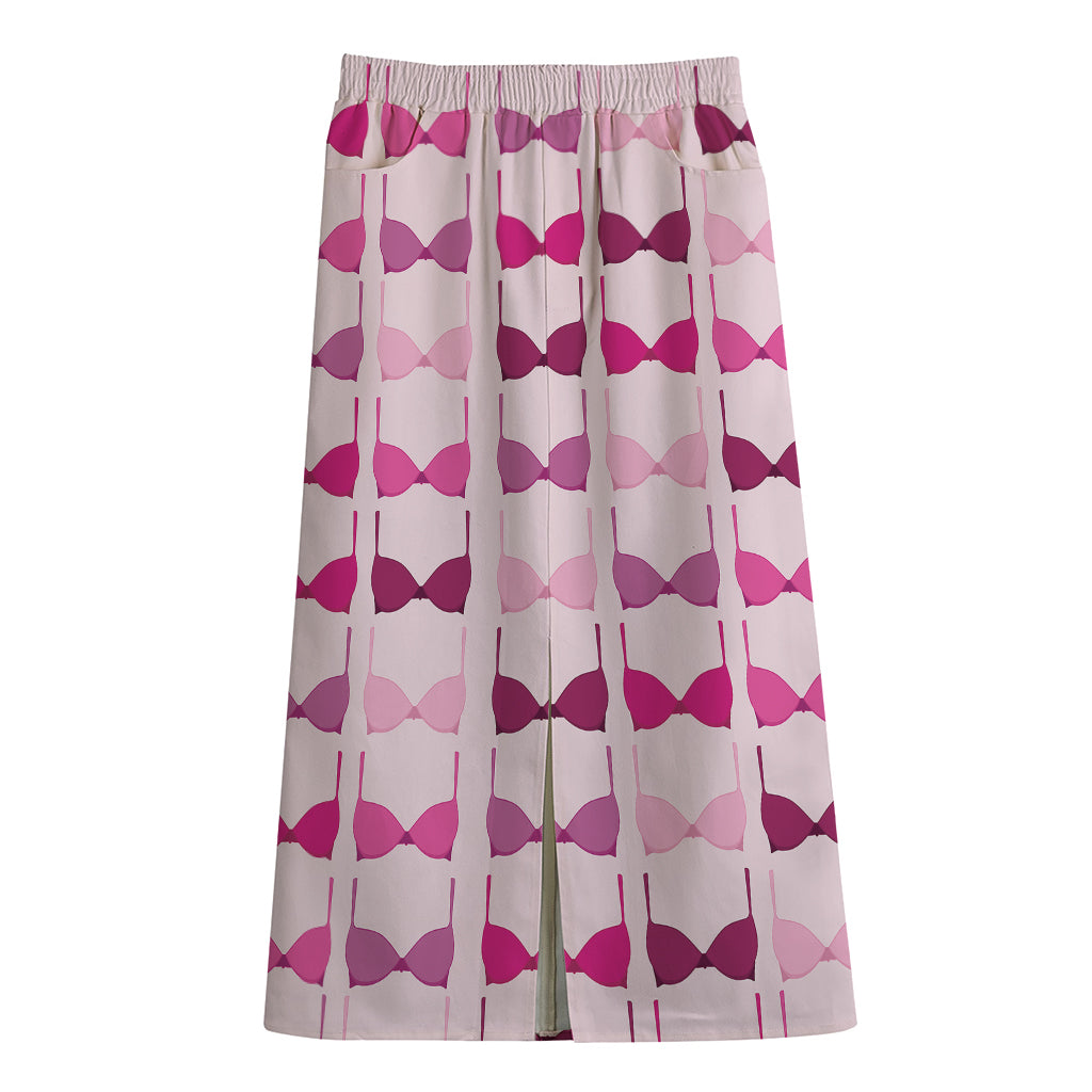 Pink Bra Breast Cancer Pattern Print Cotton Front Slit Maxi Skirt