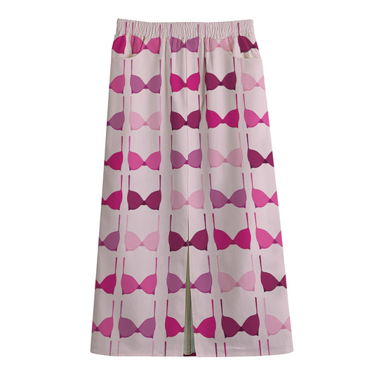 Pink Bra Breast Cancer Pattern Print Cotton Front Slit Maxi Skirt