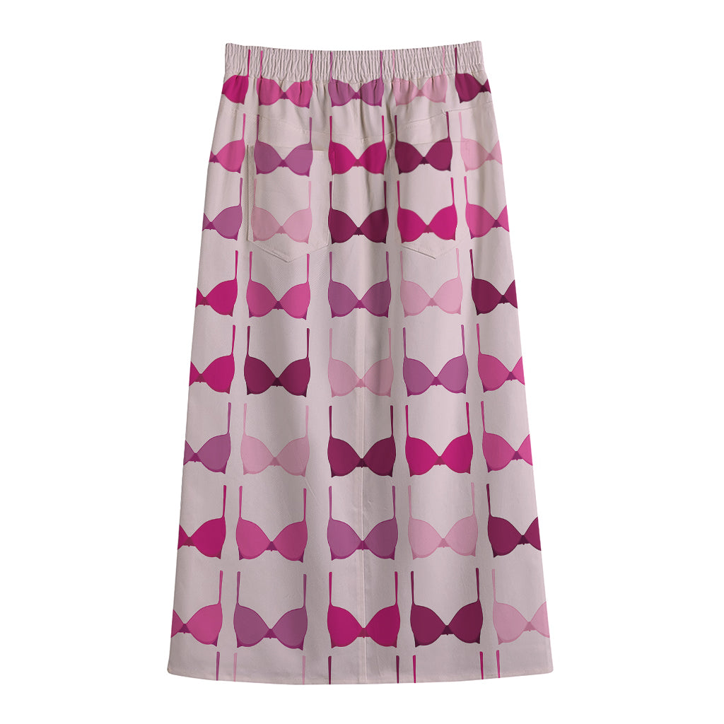 Pink Bra Breast Cancer Pattern Print Cotton Front Slit Maxi Skirt