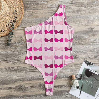 Pink Bra Breast Cancer Pattern Print One Shoulder Bodysuit
