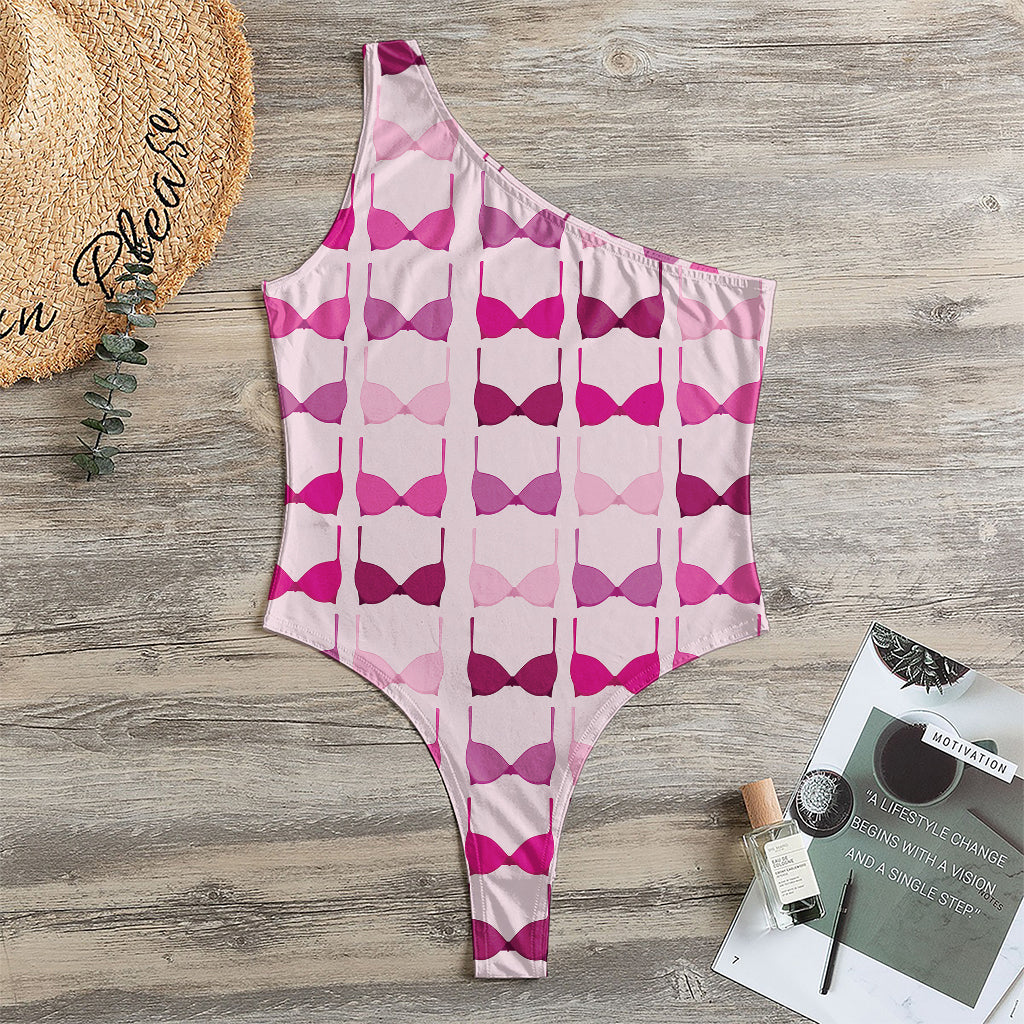 Pink Bra Breast Cancer Pattern Print One Shoulder Bodysuit