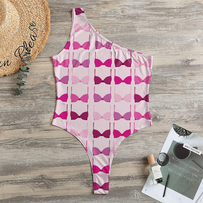 Pink Bra Breast Cancer Pattern Print One Shoulder Bodysuit