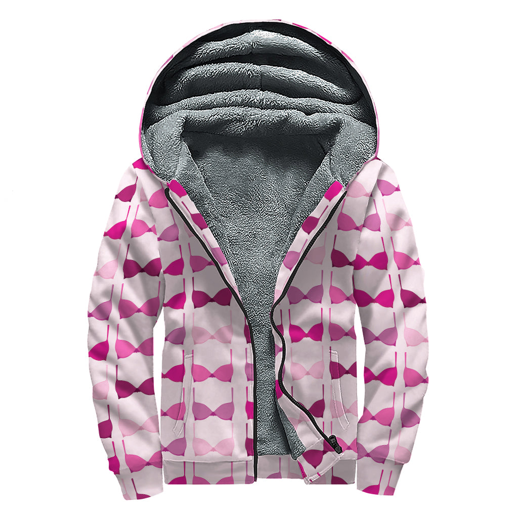 Pink Bra Breast Cancer Pattern Print Sherpa Lined Zip Up Hoodie