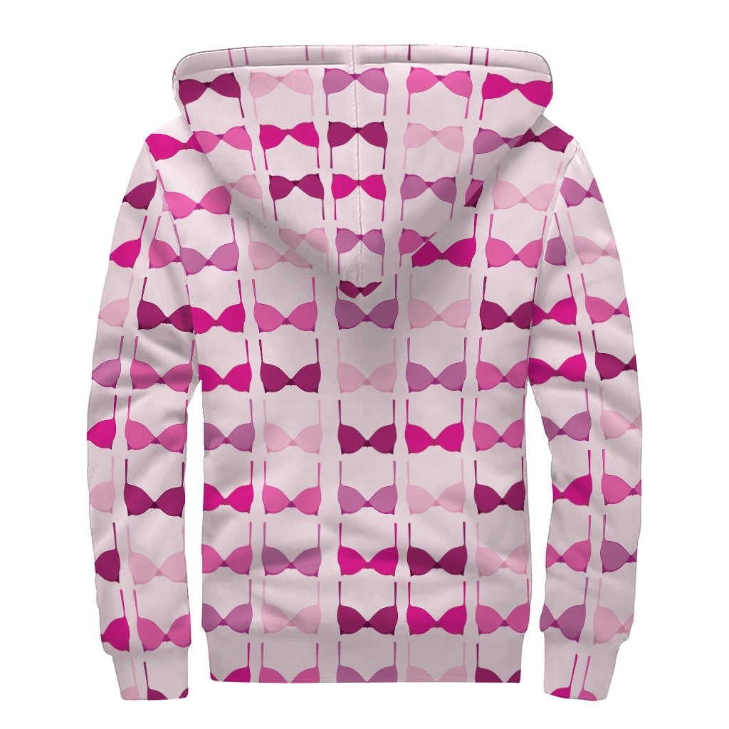 Pink Bra Breast Cancer Pattern Print Sherpa Lined Zip Up Hoodie