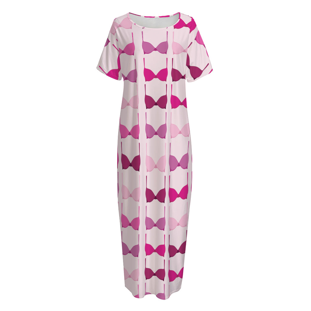 Pink Bra Breast Cancer Pattern Print Short Sleeve Long Nightdress