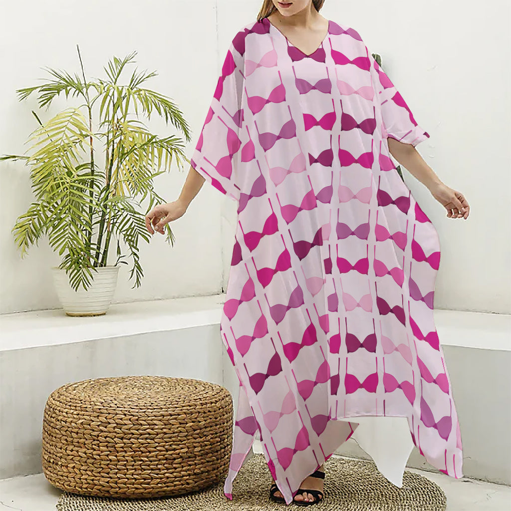 Pink Bra Breast Cancer Pattern Print Silk V-Neck Kaftan Dress