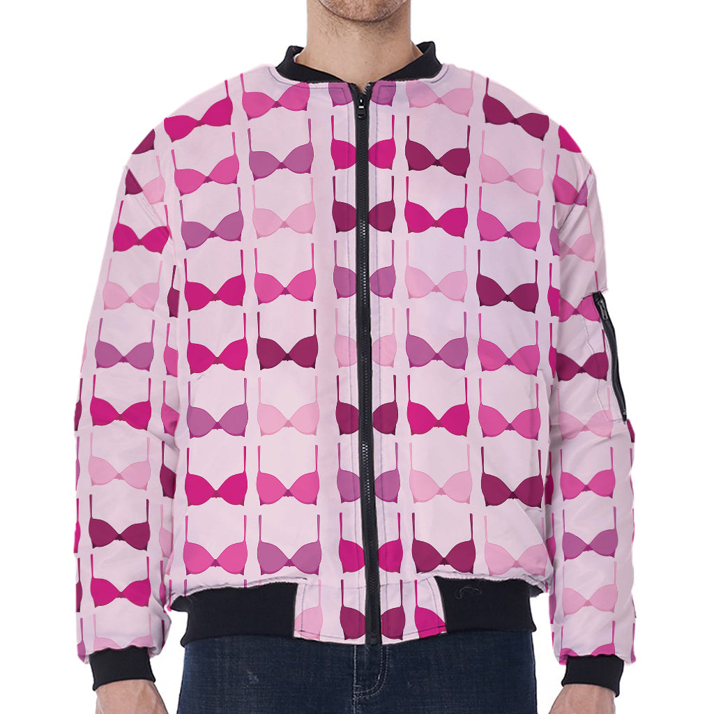 Pink Bra Breast Cancer Pattern Print Zip Sleeve Bomber Jacket