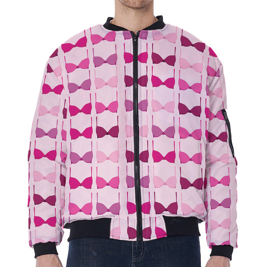 Pink Bra Breast Cancer Pattern Print Zip Sleeve Bomber Jacket
