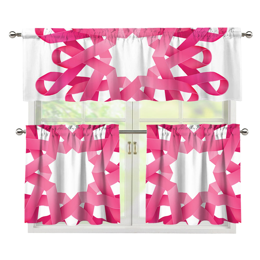 Pink Breast Cancer Ribbon Flower Print 3 Piece Kitchen Curtains