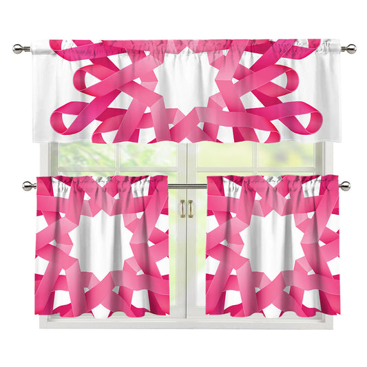 Pink Breast Cancer Ribbon Flower Print 3 Piece Kitchen Curtains