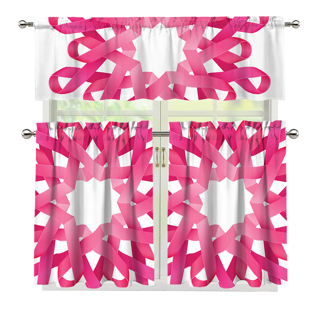 Pink Breast Cancer Ribbon Flower Print 3 Piece Kitchen Curtains
