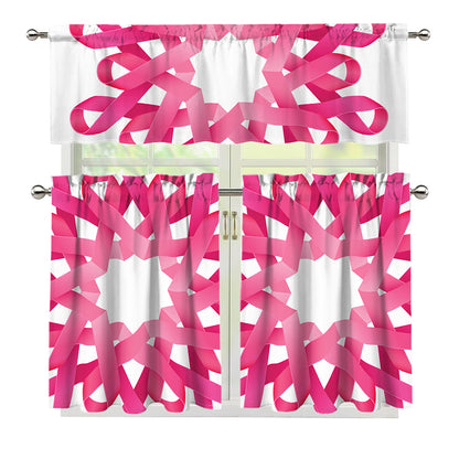 Pink Breast Cancer Ribbon Flower Print 3 Piece Kitchen Curtains