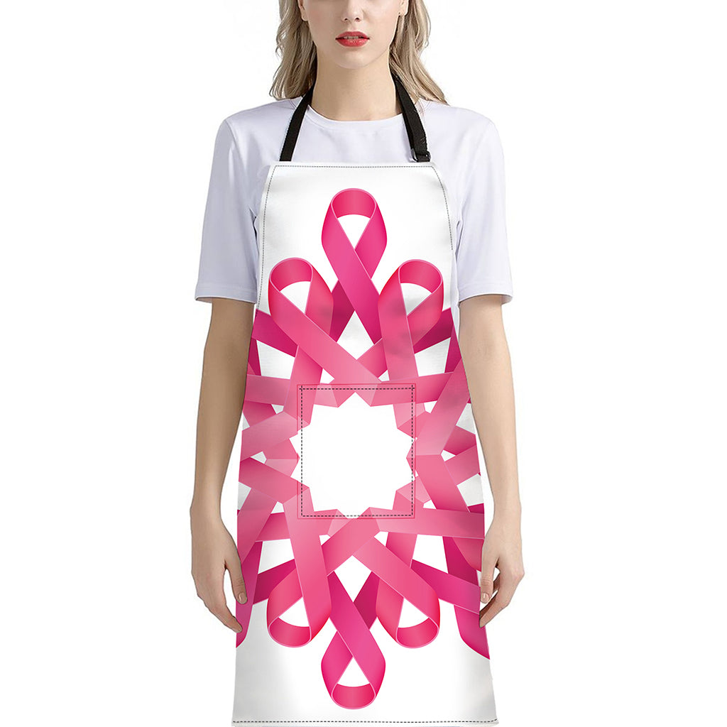 Pink Breast Cancer Ribbon Flower Print Bib Apron With Pocket