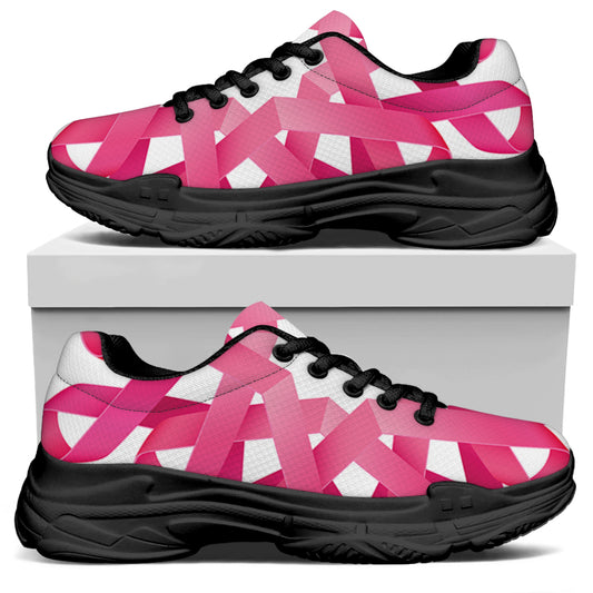 Pink Breast Cancer Ribbon Flower Print Black Chunky Shoes