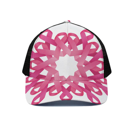 Pink Breast Cancer Ribbon Flower Print Black Mesh Trucker Cap