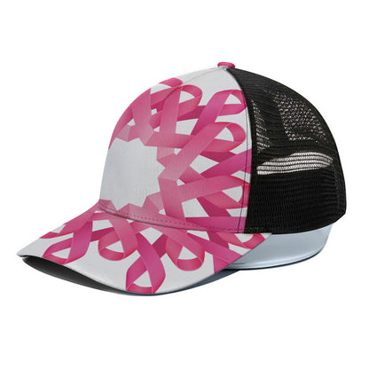 Pink Breast Cancer Ribbon Flower Print Black Mesh Trucker Cap