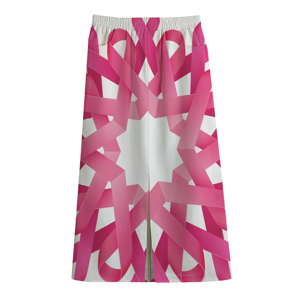 Pink Breast Cancer Ribbon Flower Print Cotton Front Slit Maxi Skirt