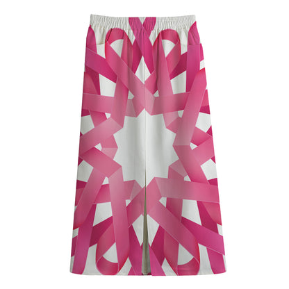 Pink Breast Cancer Ribbon Flower Print Cotton Front Slit Maxi Skirt
