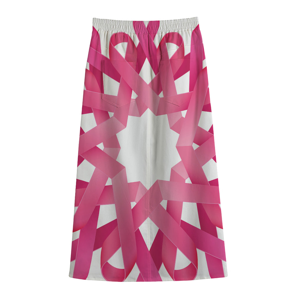 Pink Breast Cancer Ribbon Flower Print Cotton Front Slit Maxi Skirt