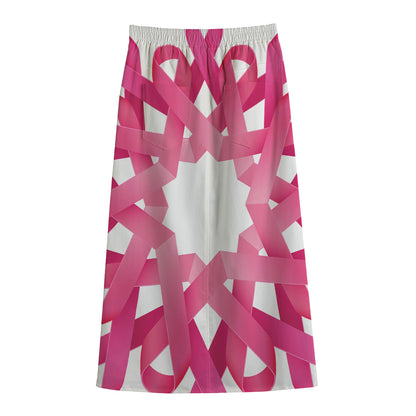 Pink Breast Cancer Ribbon Flower Print Cotton Front Slit Maxi Skirt