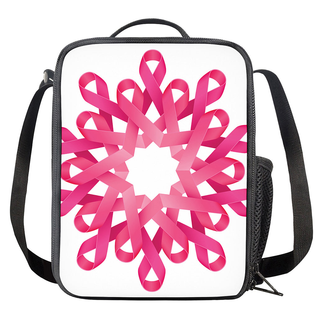 Pink Breast Cancer Ribbon Flower Print Crossbody Lunch Bag