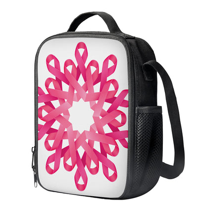 Pink Breast Cancer Ribbon Flower Print Crossbody Lunch Bag