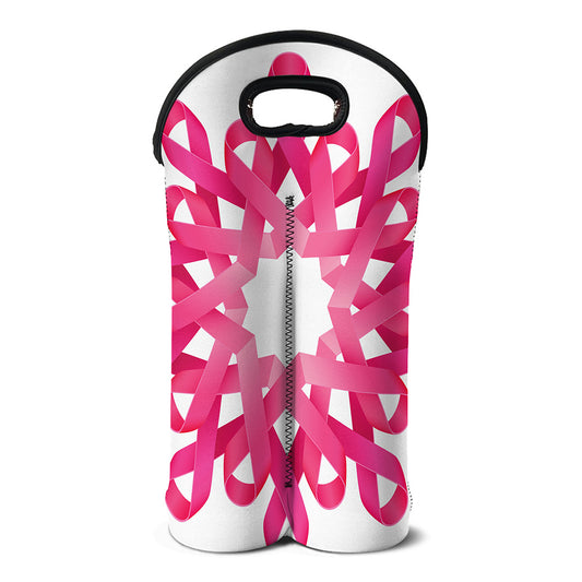 Pink Breast Cancer Ribbon Flower Print Double Neoprene Wine Tote