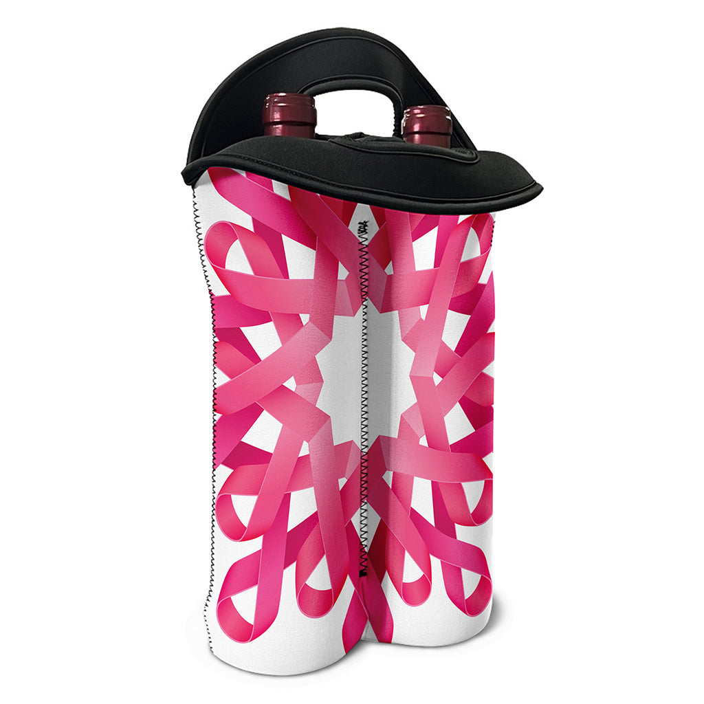 Pink Breast Cancer Ribbon Flower Print Double Neoprene Wine Tote