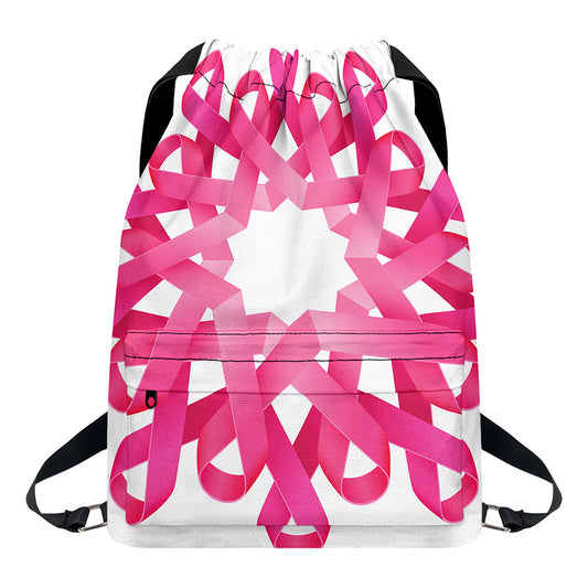 Pink Breast Cancer Ribbon Flower Print Drawstring Backpack
