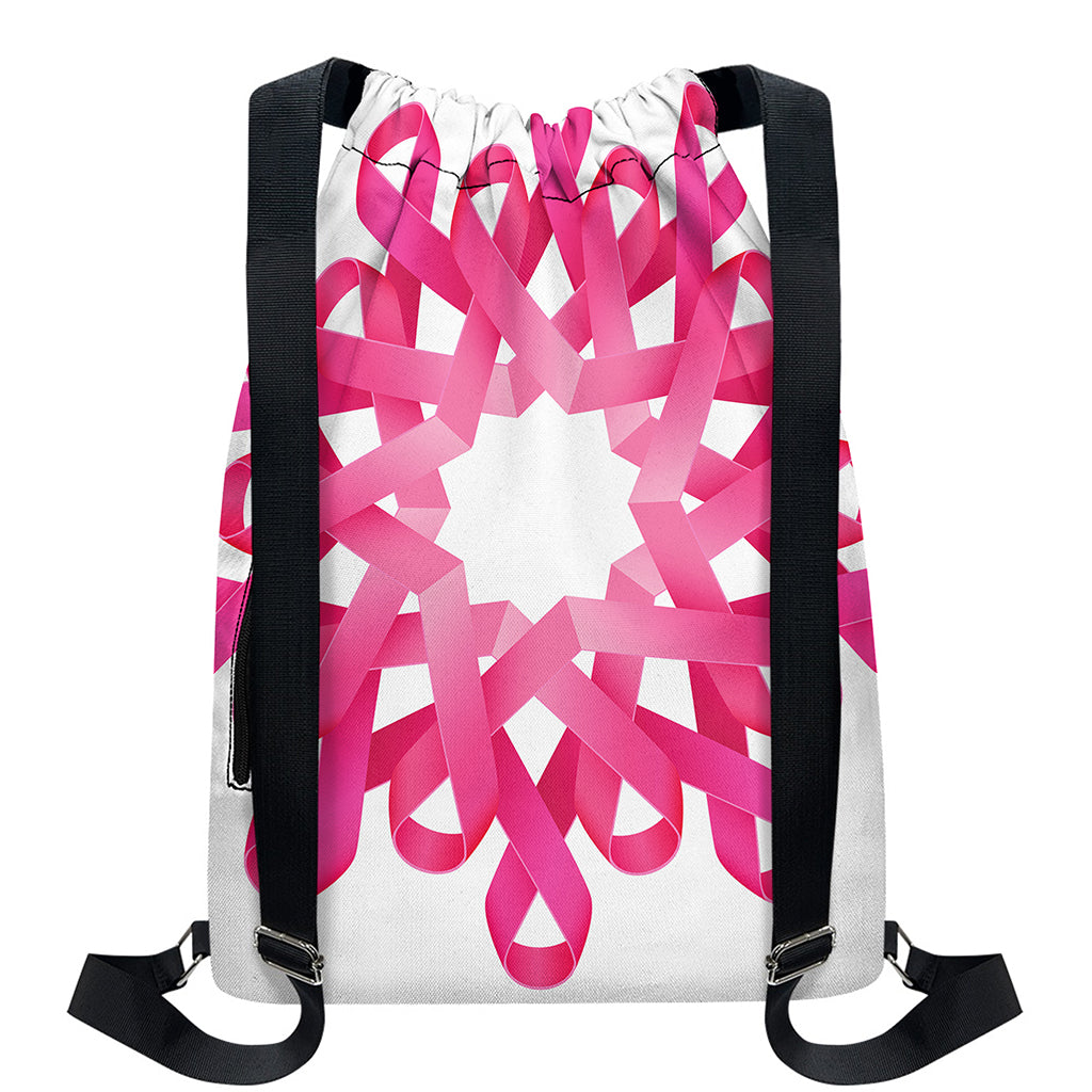 Pink Breast Cancer Ribbon Flower Print Drawstring Backpack